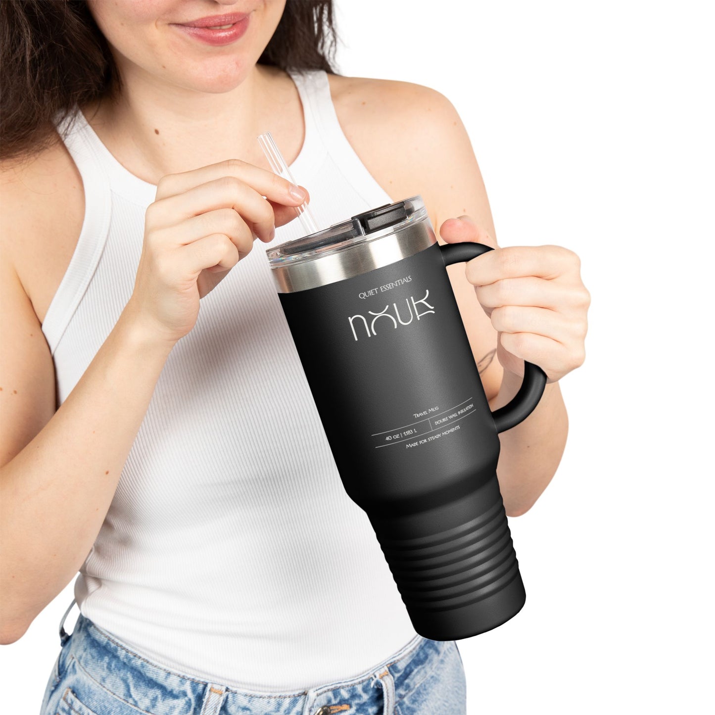 Nour Quiet Essentials | 40oz Insulated Travel Mug — Large Stainless Steel Tumbler with Straw & Lid