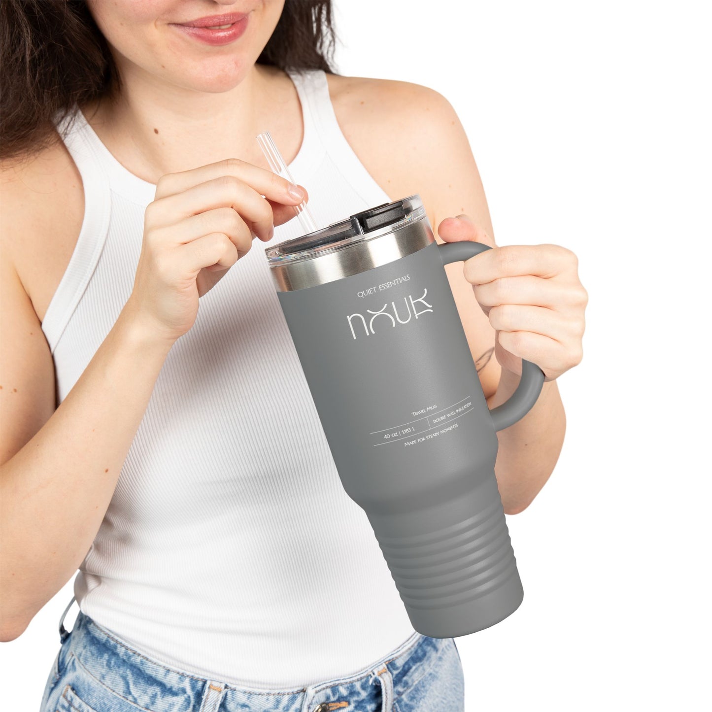 Nour Quiet Essentials | 40oz Insulated Travel Mug — Large Stainless Steel Tumbler with Straw & Lid
