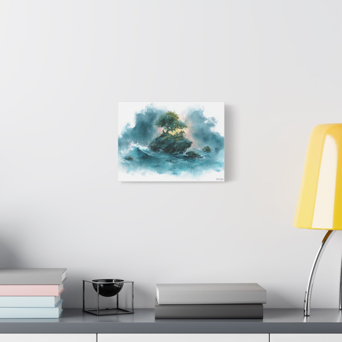 Nour Quiet Essentials | Island Bonsai Canvas Print — Serene Ocean Watercolor Wall Art