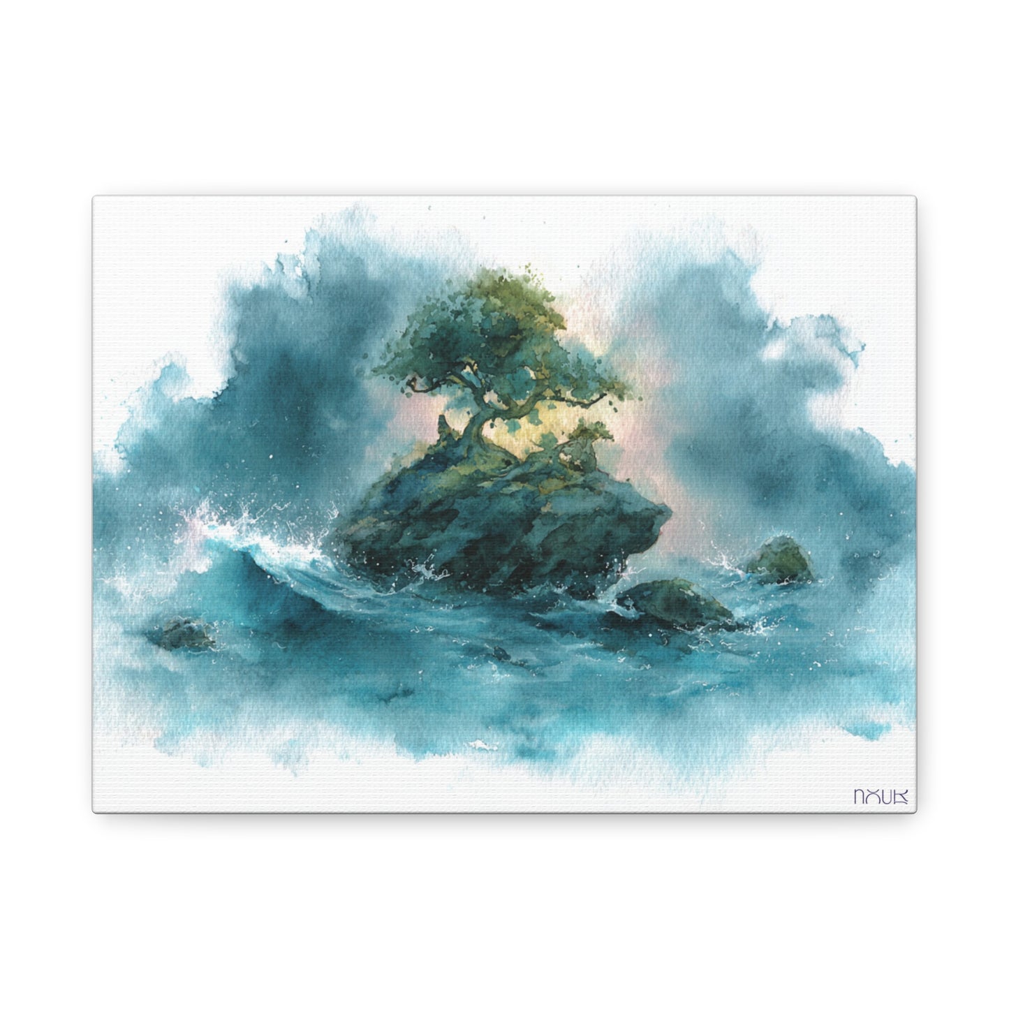 Nour Quiet Essentials | Island Bonsai Canvas Print — Serene Ocean Watercolor Wall Art