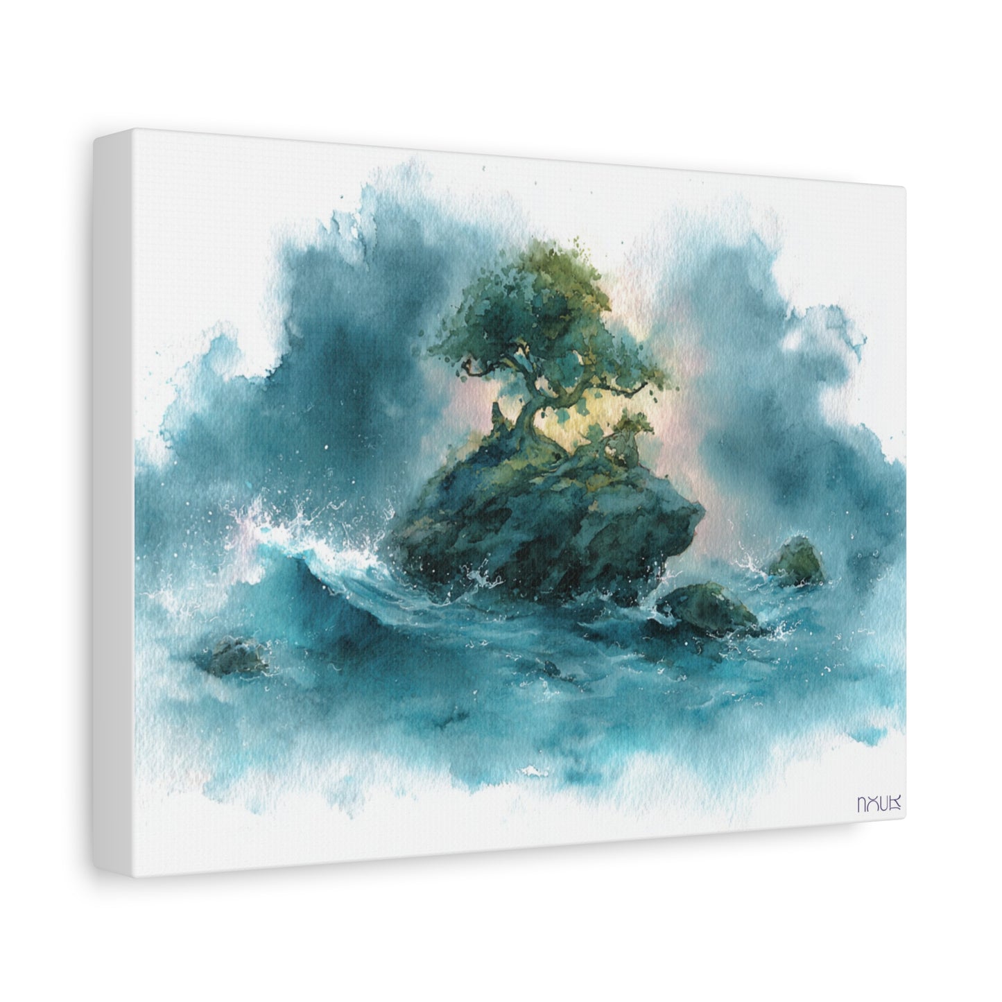 Nour Quiet Essentials | Island Bonsai Canvas Print — Serene Ocean Watercolor Wall Art