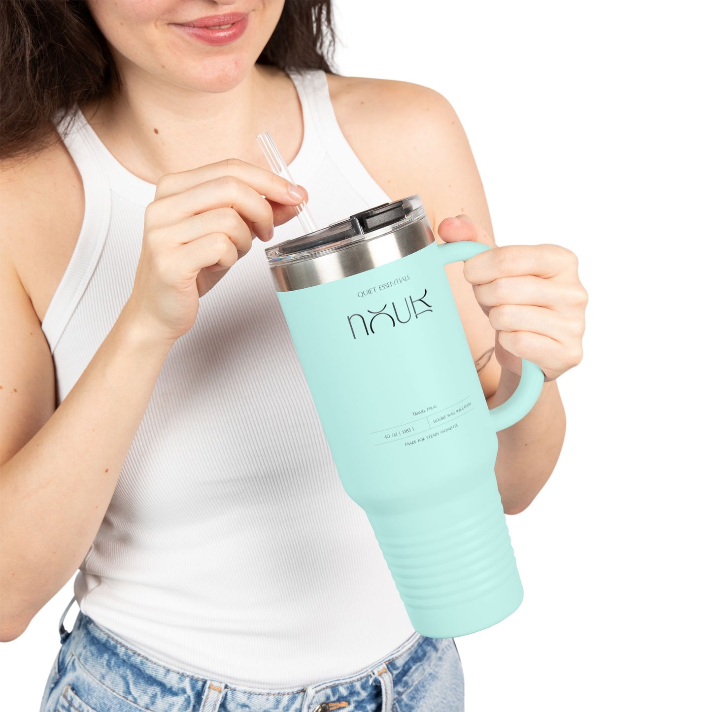 Nour Quiet Essentials | 40oz Insulated Travel Mug — Large Stainless Steel Tumbler with Straw & Lid